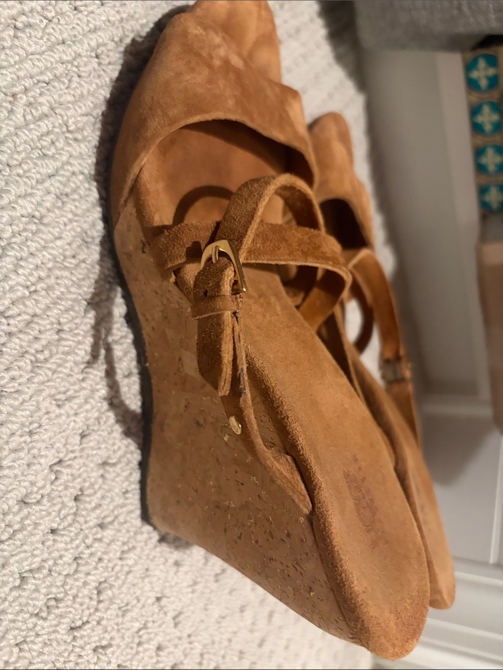 UGG Tan Suede Cork Wedge Sandals with Buckle Strap